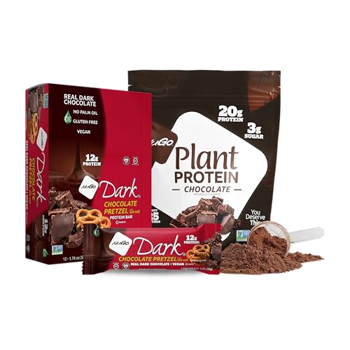 Image of NuGo Dark Chocolate Pretzel w /SS, 12g Vegan Protein, Gluten Free, Kosher Pareve, Non-GMO, 12 Count and NuGo Plant Protein Powder, Chocolate, 20g Protein, 3g Sugar, 25 Servings