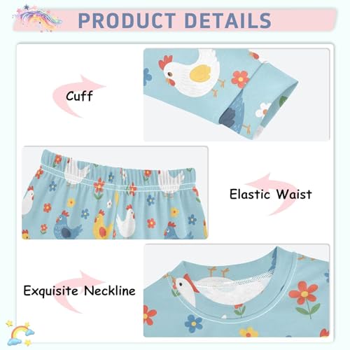 Pajama Sets Long Sleeve Chicken Flowers on Blue Soft Comfy Sleepwear 2 Piece PJS 3-8T4