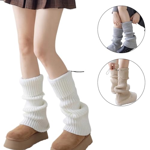 Women Winter Fall Vintage Ribbed Knit Turn Cuff Leg Warmers Preppy Solid Color Drawstring Leg Covers Stretch Boot Socks2