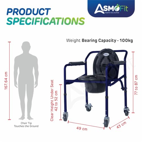 Image of Foldable Commode Chair Height Adjustable Use in Room or Over Toilet, Potty Chair with Armrests, Bedside Commode - Ideal for Adult, Pregnant Women, Elderly - Weight Capacity 100KG (With Wheels - Blue)
