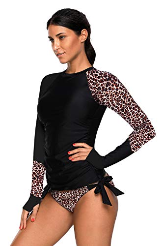 REKITA Rash Guard Long Sleeve for Women Swimsuit Bathing Suit with Bottom Swim Shirts Color Block Print Tankini