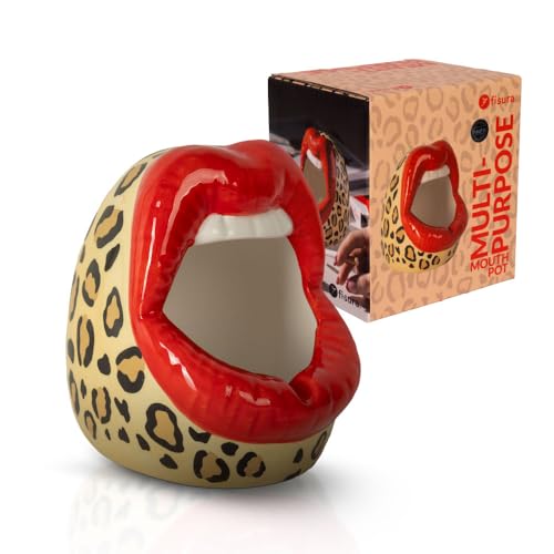 Fisura – Cenicero original “boca” con estampado de leopardo. Cenicero de cerámica para regalo. Para cocina, exterior o interior. Macetero original. 9,5 x 12 cm