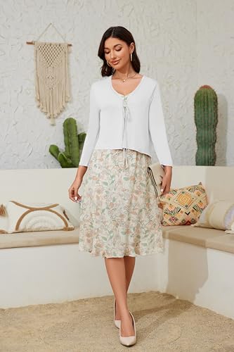 Image of Tie Front Cropped Cardigan Sweaters for Women 3 /4 Sleeve Lightweight Open Front Knit Shrug Top for Dress