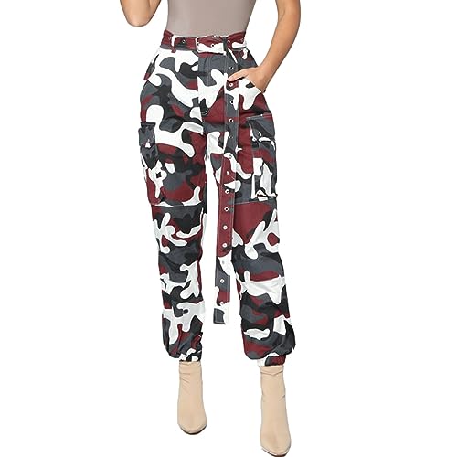 MESLIMA Women's Camo Pants High Waist Slim Fit Cargo Trousers with Pocket Camouflage Long Sweatpant with Belt
