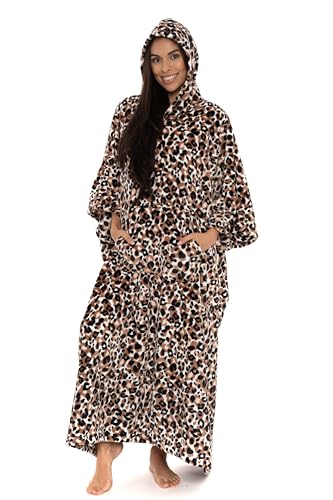 Nikaro Women's Cozy Fleece Loungewear Hooded Cheetah Print Long Kaftan Poncho Sleepwear (One Size) Cheetah Print