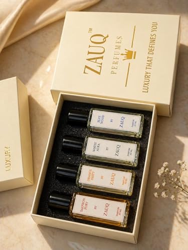Image of ZAUQ Premium Perfume Gift Set for Men & Women | 4x20ml Parfum Collection | Orange Drift, Saffron Fury, White Aura, Blue Wood | Long Lasting French Fragrance | Perfect Luxury Gifting Box