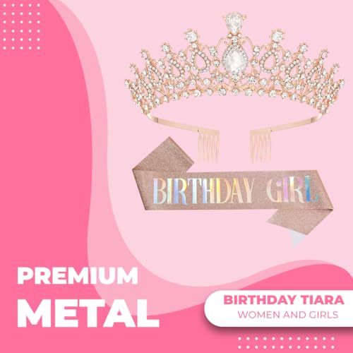 Birthday Tiara and Crown with Sash for Women, Hair Accessories for Wedding Party Costume (B - Rose Gold)