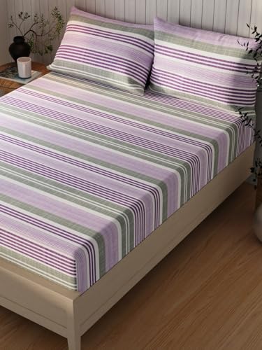 Image of KOPA Extra Smooth Cotton Double Bedsheet with 2 Pillow Covers -3pc Set (Lopez) | Extra Smooth Cotton | 1 Double Bedsheet with 2 King Size Pillow Covers Stripe-Purple /Grey