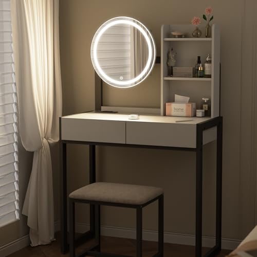 Image of Small Vanity Desk with Mirror and Lights, Makeup Vanity Table with LED Mirror, 3 Lighting Modes, Power Outlet, Drawer, Open Shelves and Cushioned Stool for Bedroom (Black)