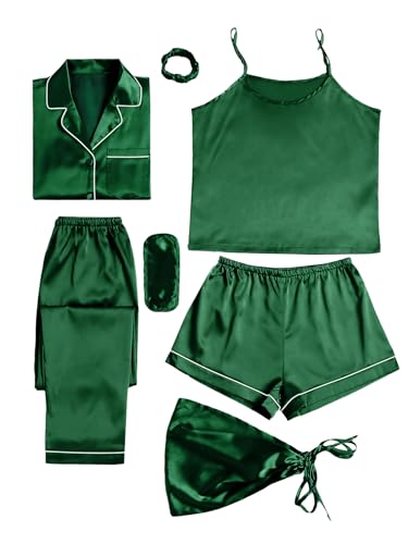 Image of LYANER Women's Silky Satin Pajamas Set | Collar Button Down Long Sleeve Shirt Sleeveless Cami Elastic Waist Shorts and Pants Sleepwear Loungewear 7pcs Pjs Set