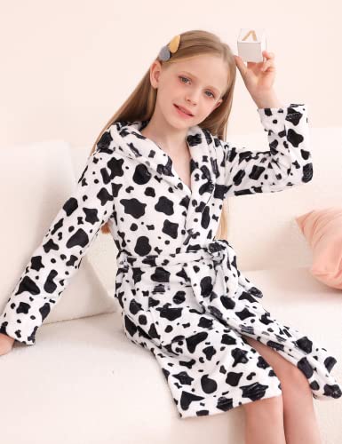Aideaone Girls Bathrobes Cow Plush Hooded Robe Soft Flannel Sleepwear With Pockets Size 13-14 #TOP3