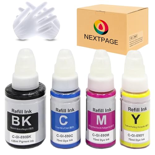 Nextpage GI-590 GI590 Tinte kompatibel für Canon GI-590 für Canon PIXMA G1500 G1501 G1510 G2500 G2501 G2510 G3500 G3501 G3510 G4500 G4510 G4511 (4 Packungen, Schwarz, Cyan, Magenta, Gelb)