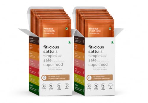 Image of fitlicious Sweet Sattu Powder | Bihari Chana Sattu | Natural & Organic | Gluten-Free, Non-GMO | High Protein & Fiber | Instant PremiX | Healthy Drink For All Ages | Pack Of 20 X 40g Sachets