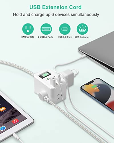 Alitayee Power Strip With Usb,Travel Power Strip With 3 Outlets 3 Usb Ports(Type-C And 2 Type-A) 5V 3.1A 15.5W Fast Charging,Flat Plug And 5Ft Braided Extension Cord For Travel Home Office Etl Listed #TOP2