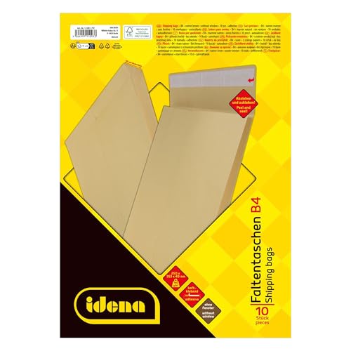 Idena 90282 - Versandtaschen DIN B4, 100 Stück haftklebend, Faltentaschen mit 4 cm Bodenfalte, Briefumschläge ohne Fenster, aus 140 g/m² FSC-Recycled Papier in Braun