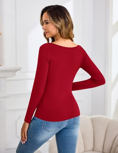 Aottori Camiseta Cuello Barco Mujer Elegante Manga Larga Camisetas Interior Básica Canalé Ajustada Elástica Lisa Ligera Casual Túnica Top Rojo S