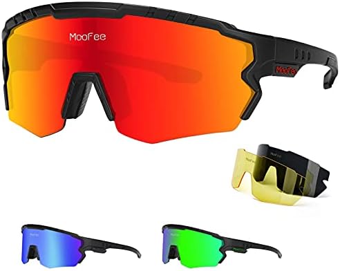 MooFee Polarized Sports Sunglasses with 3 Interchangeable Lenses,Mens Womens Cycling Glasses,Bike Glasses Bicycle Sunglasses for Driving Cycling Running Fishing (Black Red)