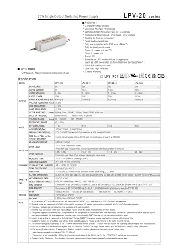 Alimentation à découpage étanche 220V 24V IP67 stable LPV-20-24