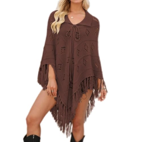 Women's Fashion Fringe Knitted Poncho Cape Lapel Hollow Crochet Shawl Cloak Loose Over Knitted Sweater