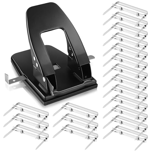 Dreyoo Heavy Duty 2 Hole Punch with 50 Paper Fasteners, Paper Two Hole Puncher and Metal Prong Fasteners Combo Set for Paper File Folder, Padded Handle, 30 Sheet Capacity
