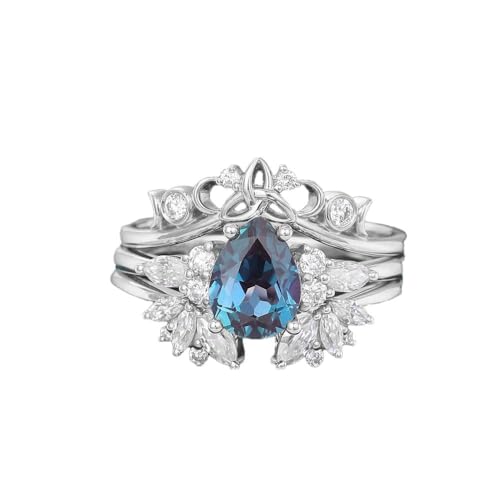 3Pcs Alexandrite Ring Set for Women,925 Sterling Silver Oval Cut Alexandrite Wedding Ring Set with Moissanite Gemstone Ring Set for Wife Wedding Promise Ring3
