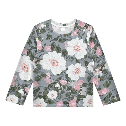 White Hibiscus Flower Gray Boy's Rash Guard Swim Shirt Long Sleeve Sun Shirt for Toddler Kid UPF50+ 3T