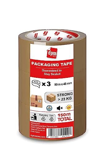 Dpm tapes Packaging Tape – Cinta de embalaje, adhesiva paquetes, envíos, mudanzas, resistente al desgarro, sin disolventes, fuerte y silencioso, 50 m x 48 mm, marrón/habana (3 rollos)