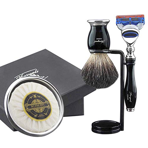 Haryali London - Juego de afeitado para hombre con 5 cuchillas de afeitar, cepillo de afeitar, soporte de afeitar, jabón de afeitar y bandeja de afeitar