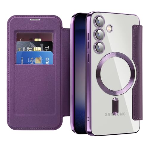 Étui Samsung S24 Plus MagSafe avec porte-carte et clapet transparent cuir antichoc pourpre