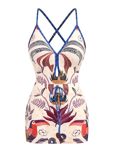 Image of ZAFUL Women's One Piece Swimsuit with Skirt V Neck Colorblock Bathing Suit | Front Cut Out Swimsuit Criss Cross One Piece Bathing Suit