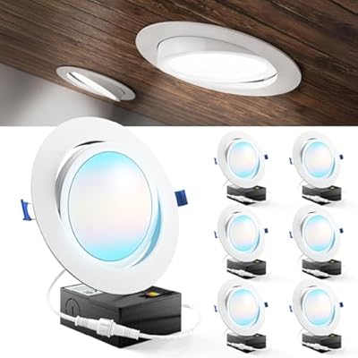 Sunco Lighting 6 Pack Recessed LED Lights Canless 6 Inch Eyeball Gimbal 14W, Selectable 2700K/3000K/3500K/4000K/5000K, Angled Directional Light with Jbox, Ultra Slim Dimmable, ETL.