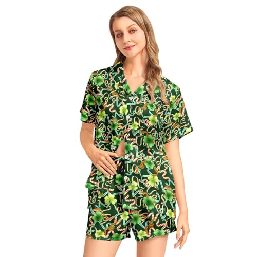 Image of Funny Pajamas for Women Set Print Satin Loungewear Pjs Short Sleeve Button Down Top and Shorts Sets Sleepwear XS-3XL