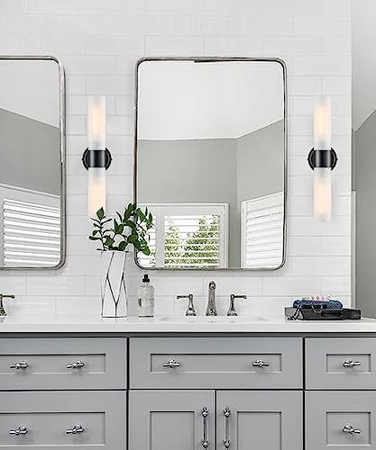 Image of DAYCENT Modern Black Bathroom Vanity Lights Farmhouse 2-Light Frosted Glass Wall Sconce Matte Black Cylinder Sconces Wall Lighting for Bedroom Hallway Living Room, 20 inch H