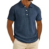 Leinen Poloshirt für Herren Leichtes Sport Henley Shirt Sommer Baumwolle Polohemd Arbeit Business Kurzarm Tops Casual Einfarbig Golf Tshirt Revers Knopfleiste Arbeitstshirts Sportshirt