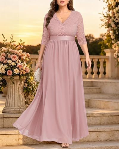 Image of Pinup Fashion Wedding Dresses for Bride Plus Size - Formal Evening Gown Wrap Neck Lace Chiffon Long Dress