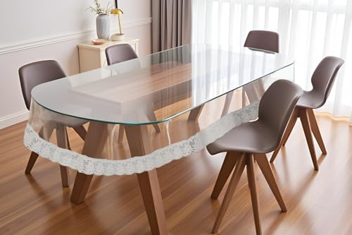 Image of The Furnishing Tree Oval Shaped 10 Seater Transparent Table Cover WxL 60x120 inches 0.25 mm Thickness with White Lace