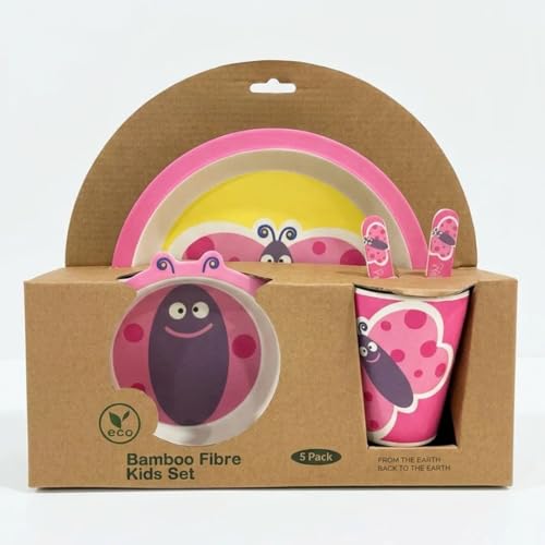 Image of Bamboo Kids Feeding Set of 5 |Kids Crockery Set Tableware |Baby Utensils and Dishes Set | Eco-Friendly |Organic & Natural (Butterfly)