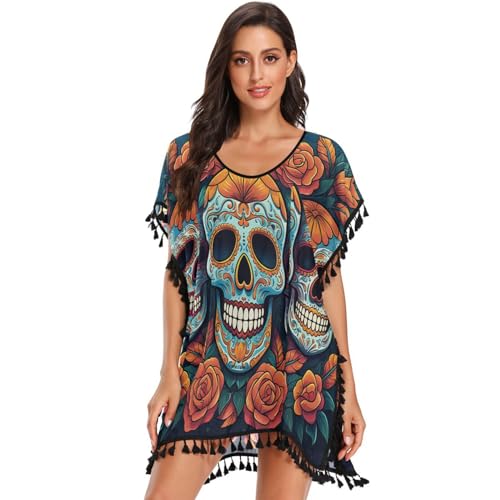 KAAVIYO Colorful Skulls Yellow Rose Women's Beach Cover Up Chiffon Tassel Swimwear Swimsuit Coverups for Girl
