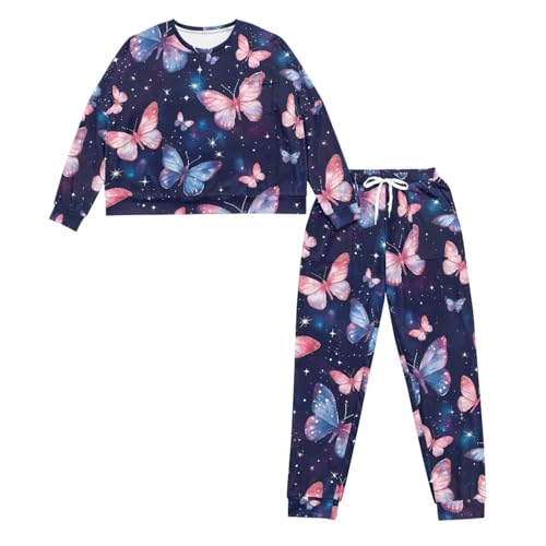 Image of Womens Lounge Set Long Sleeve Soft Pajama Sets Casual 2 Piece Pj Outfit Crewneck Sleepwear with Pockets Plus Size