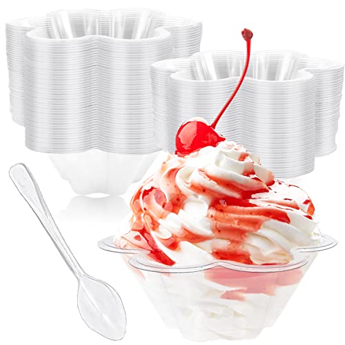 Alaeseje 100 Pack Plastic Ice Cream Bowls with Spoons,8oz Disposable Flower Shape Ice Cream Bowls,Clear Plastic Dessert Cups for Serving Parfait Fruit Salad Sundae Chocolate