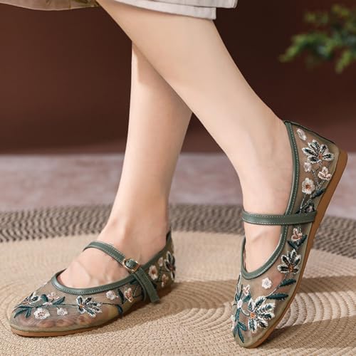 BEAUPAS Women's Floral Embroidered Mary Jane Flats Mesh Ballet Shoes with Buckle Strap2