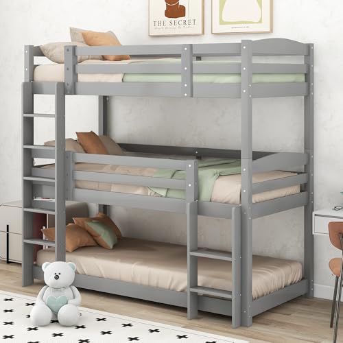 Sapgaks Lit superposé Enfant 90 x 200,lit Mezzanine 3 Places,lit cabane Enfants 90 x 200,Triple superposé en Bois pour Enfants, Gris