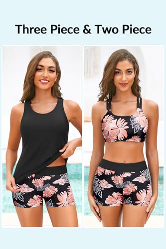 Image of Yonique 3 Piece Tankini Swimsuits for Women Swim Tank Top Bathing Suits with Boy Shorts and Bra Athletic Swimwear