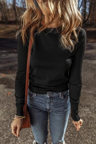 Women's Black Solid Color Slim Fit Lightweight Crew Neck Sweater for Everyday Style3