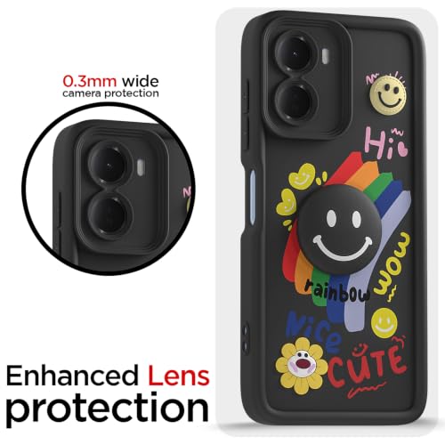Image of Pikkme Back Cover for Redmi 15A 5G | Soft Silicone| Cute Rainbow Smile & 3D Cartoon Flower Design | Shockproof Raised Camera Protection Bumper Case (Black)