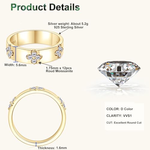 Clover Moissanite Wedding Band D Color VVS1 Clarity 925 Sterling Silver 18K Gold Plated Four Leaf Rings for Women or Men Anniversary Promise Bridal Jewelry Gifts3