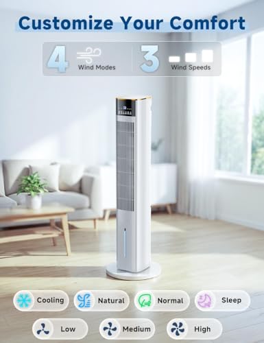 Image of HIFRESH 107CM Tower Fans w /Cooling, Memory & Aroma Function, Remote & Touch Screen, 4 Modes & 3 Speeds,15H Timer, 4.2L Dual Tanks, 6 Ice Pack, 22Ft Air Throw, Low Power Consumption Tower Fan for Room