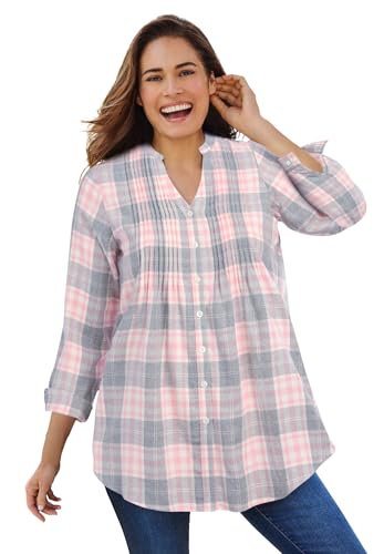 Image of Woman Within Plus Size Pintucked Flannel Shirt - 2X, Pink Sorbet Plaid
