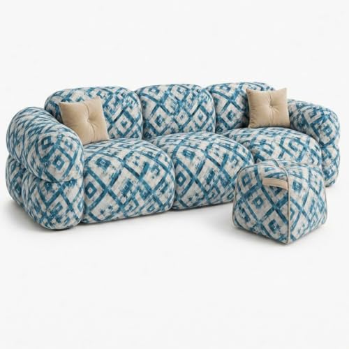 Image of FURNY Luxury Nimbus 4 Seater + Suri Pouf Sofa Set for Living Room | Tapestry Mosaic Fabric Upholstered | Modern Cushioned Comfortable Couch for Home Office & Drawing Room | Lagoon Blue