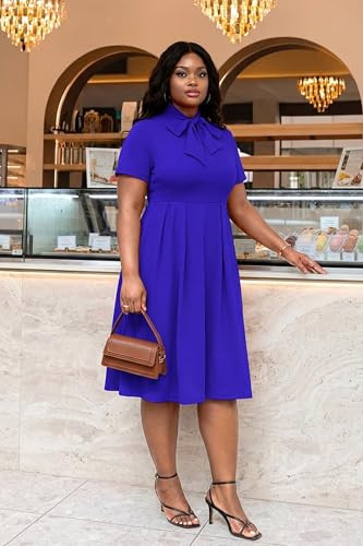 Image of FANDEE Midi Dress for Women Casual Short Sleeve A-line Semi Formal Fit and Flare Dress Classy Tie Neck Work Business Dresses